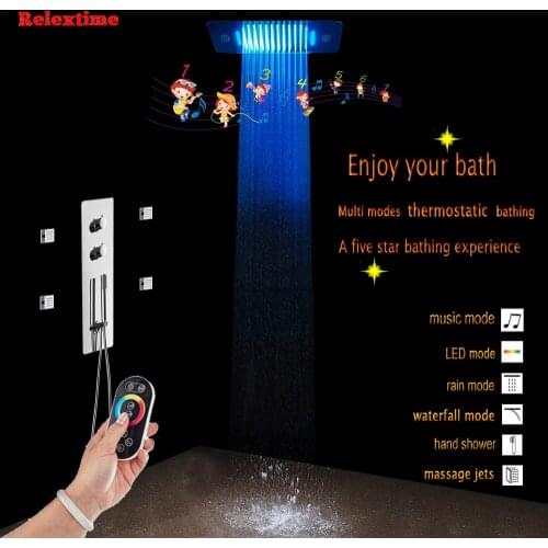 Bluetooth Music LED Rain Shower Head Bathroom Shower Set Faucet Thermostatic Concealed Mixer Shower Speaker System Massage Jets