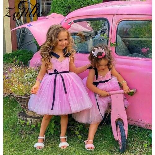 ZAFILLE Kids Clothes Girls Ribbed Girls Party Dress Beading Pink Mesh Sweet Princess Girl Dress Summer Childrens Gown Dress