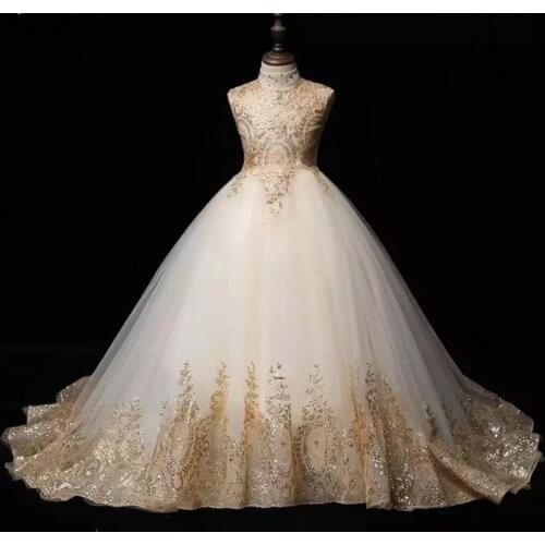 Flower Girl Long Evening Dress Golden Sequin Lace Girls Prom Dress Gowns Party Wedding Dresses for Girls Yeras 2 8 12