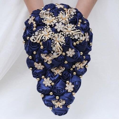 EillyRosia Navy Blue Wedding Bouquet for Bride Satin Rose Jewelry Brooch Bouquet Waterfall Silk Artificial Flowers Free Shipping