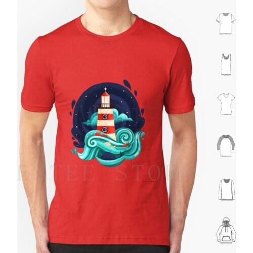 Lighthouse And The Sea T Shirt Cotton Men DIY Print Lighthouse Sea Whale Fish Blue White Red Stars Space