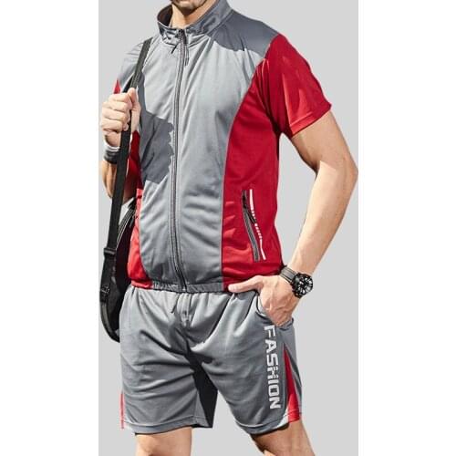 Patchwork Tracksuit Mens Set 2021 summer Casual Sports Suit Short sleeve Zipper Sportswear+shorts Training Gyms 2 Piece Sets