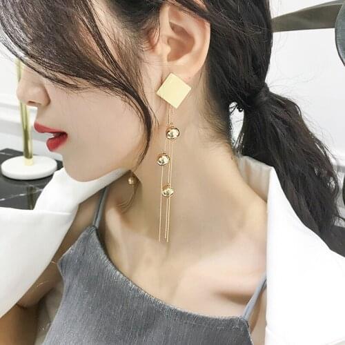 Fashion Hot Sell Geometry Long Square Tassel Ball Drop Earrings Temperament exaggerate Women Bridal Earrings Party Xmas Gift