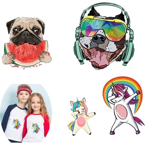 Cartoon Dog Unicorn Heat Transfer Vinyl Clothing Stickers on Clothes For Children Applique Decor Iron-on Transfers For Clothing