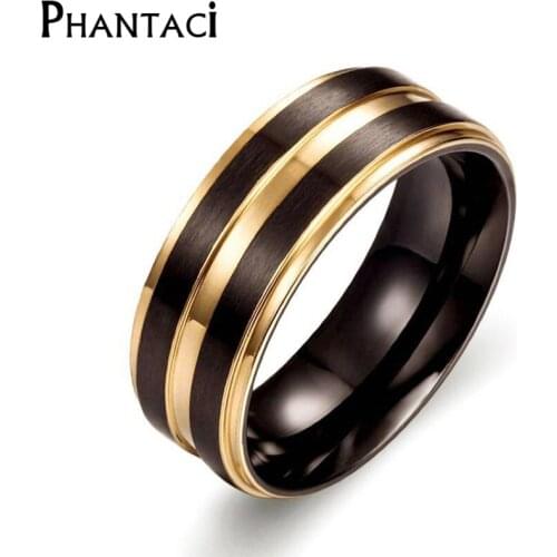 Phantaci Double Color Stainless Steel Men Ring Black Gold Color Fashion Male Jewelry Metal Titanium Ring Man