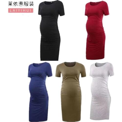 Maternity Wear New Round Neck Short-Sleeved Solid Color Dress European and American Summer Fashion High Stretch Wrap Skirt