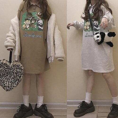 Lovely Zoo Womens Autumn Fall Spring Long T-shirt Dress Turn-down Collar Comfortable Cotton Long Sleeve Dress Grey & Coffee