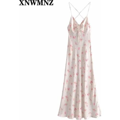 XNWMNZ 2021 Women satin floral print Summer dress Fashion v-neck gathered Beach straps midi dress Women‘s Dresses invisible zip