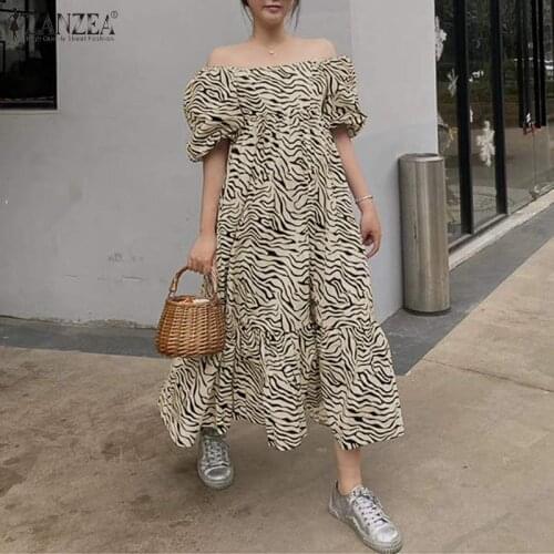 ZANZEA Zebra Print Dresses Female Summer Ruffle Midi Robe Casual Korean Puff Sleeve Vestido Women 2021 Summer Off Shoulder Dress