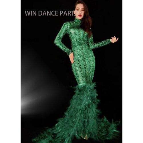 Christmas green Shiny Rhinestone long tail Feather Dress elegant Women Evening Party Prom Crystals Dress Singer performance robe