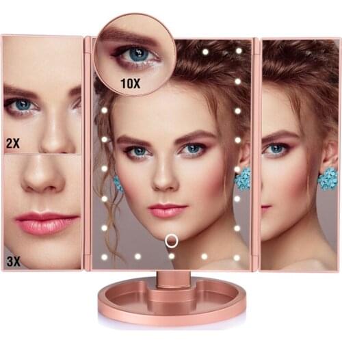 Makeup Mirror LED Touch Screen 22 Light Table Desktop Makeup 1X/2X/3X/10X Magnifying Mirrors Vanity 3 Folding Adjustable Mirror
