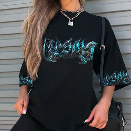 S-3XL Summer Ghost Blue Fire Digital Printing Loose Short Sleeve T-shirt Women Personality Street Trend Oversized T-shirt Women