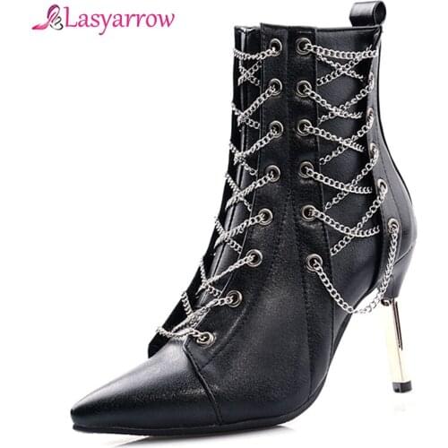 Lasyarrow 2020 Zipper Thin High Heel Autumn Winter Women Short Boots Sexy Pointed Toe Metal Decoration Fashion Ankle Boots J973