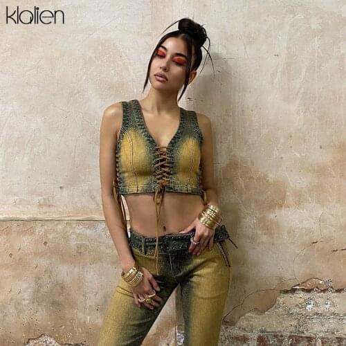 KLALIEN Fashion Sexy Hollow Out Bandage Patchwork Cotton Jeans Camisole Summer 2021 New Street Club Party Wear Female Crop Top
