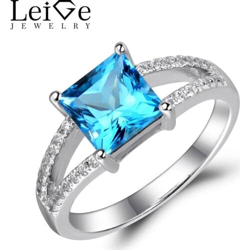 Leige Jewelry Swiss Blue Topaz Ring Princess Cut Blue Gemstone Stunning Engagement Ring Double Band Sterling Silver 925 Jewelry