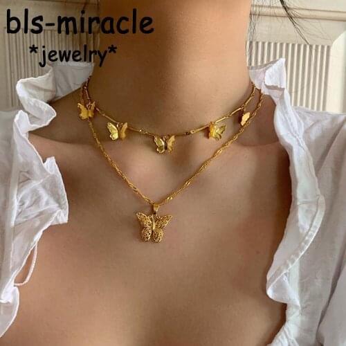 Bls-miracle Boho Vintage Gold Necklaces For Women Hollow Butterfly Pendant Necklace 2019 Multilayer Female Jewelry Wedding Gift