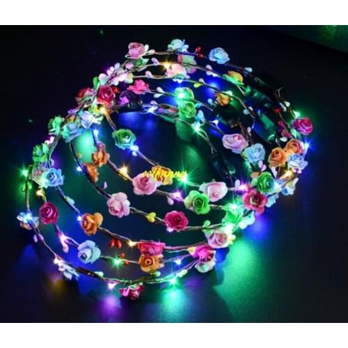 100pcs/lot 10 flowers 10 lights Hawaii Garland Flashing LED Flower Headband Garland Wreath For Women Girls Glow Party Wedding