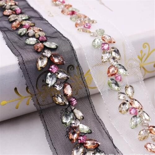 2Yards 3CM Width Colored Acrylic Rhinestones Lace Trims Mesh Fabric Ribbon Applique Craft Trimmings Wedding Dress Accessories