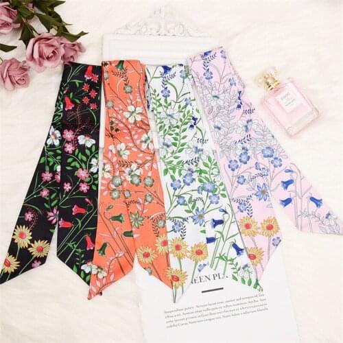 2021 New Design Skinny Scarf Floral Printing Silk Scarf Women Luxury Brand Foulard Fashion Flower Ladies Bag Scarf Headband