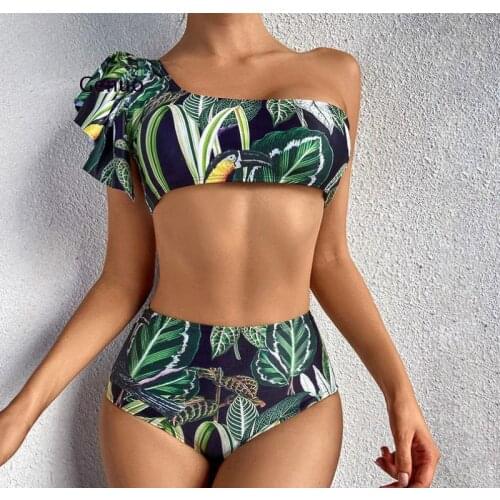 2021 Sexy Women One Shoulder Green Bikini Female Bather High Waist Swimsuit Brazilian Bathing Suit Swimming Woman Swimwear