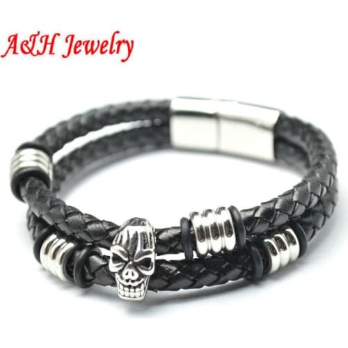5pcs New Arrival Double Rows Genuine Leather Bracelets With 316L Stainless Steel Skull Charms Fashion Men Bangles