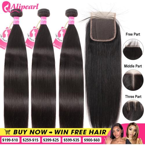 AliPearl Hair 100% Human Hair Bundles With 4x4 Lace Closure Brazilian Straight Hair Weave 3 Bundles Ali Pearl Hair Extension