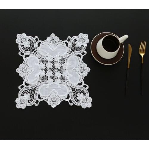 British Style White Simple Fashion Cotton Water Soluble Embroidery Placemat Mug Coaster Balcony Coffee Table Mat Wedding Decor