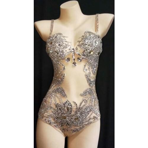 Sparkly Silver Rhinestone See Through Bodysuit Women Feather Leotard Outfit Female Bar Dance Stage Party Dance Stage Costume
