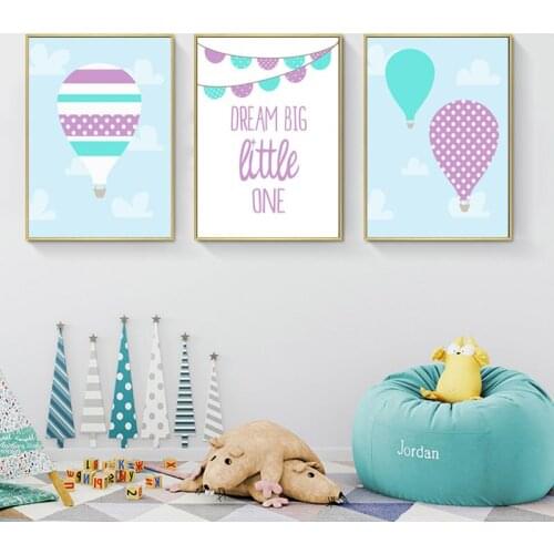 Baby Girl Nursery Art Hot Air Balloon and Dream Big Little One Quote Nordic Posters Wall Art Canvas Painting Kids Room Decor
