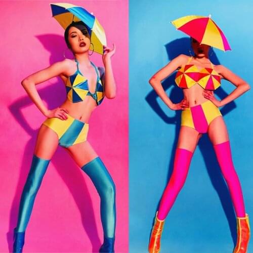Fluorescent Color Umbrella Sexy Suit Sexy Umbrella Bodysuit Nightclub Dancer Festival Clothing Gogo Costume Rave Outfit XS2461
