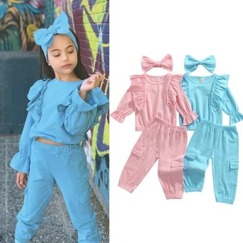 FOCUSNORM 0-5Y Autumn Lovely Kids Girls Clothes Sets 2pcs Solid Ruffles Long Sleeve Sweatshirt Tops Hole Pants 2 Colors
