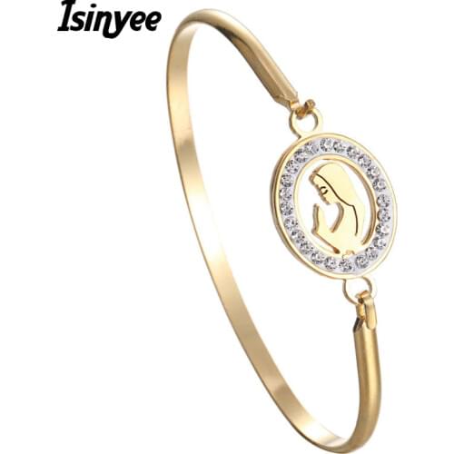 ISINYEE Fashion Crystal Virgin Mary Bangle Gold Open Bracelet Manchette For Women Trendy Stainless Steel Christian Jewelry