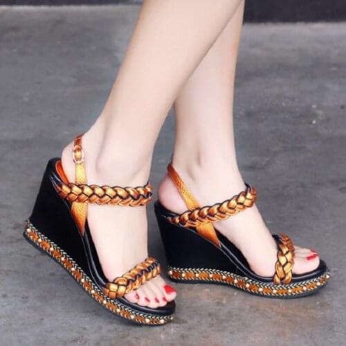 Summer leather tendon bottom rivet waterproof platform slope with high heel womens sandals daily plus size all-match sandals