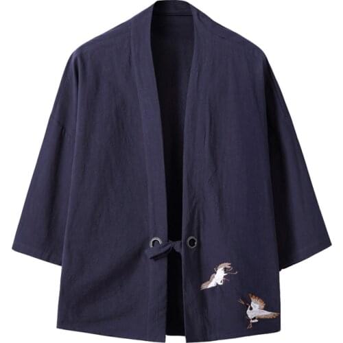 New Arrival 2019 Mens Cotton Linen Blends Vintage Emboridery Cranes Open Front Cardigan Loose Breathable Short Kimono
