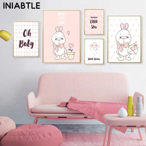 Baby Nursery Girl Wall Art Canvas Poster Cute Rabbit Stars Print Painting Child Decoration Picture Nordic Kids Bedroom Decor