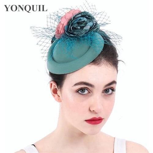 New Colors Beautiful Fabric Flower Party Hats Fascinator Women Wool Felt Millinery Veils Winter Summer Ladies Fedora Hats Event