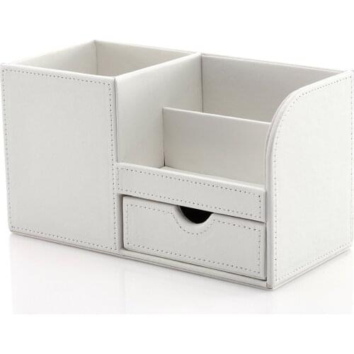 XRHYY White 3 Storage Compartments PU Leather Office Desktop Organizer Stationery Box Collection Business Card/Pen/Pencil