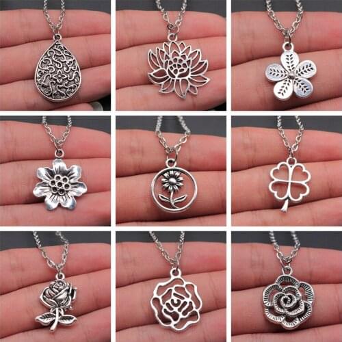 Flower Pendant Necklace Vintage Fashion Simple Antique Silver Color Sunflower Lotus Clover Rose Pendant Necklace