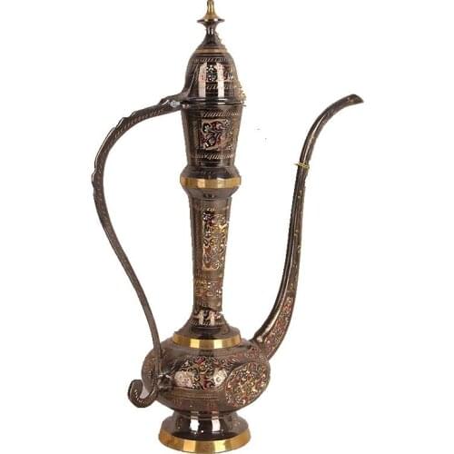 Pakistan special handle pot, hand-carved flowers, overseas ethnic bronze crafts, home decorations