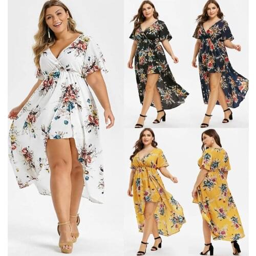 Summer WomenS Dress Hot Style Large Size V-Neck Short-Sleeved Printed Irregular Dress With Split Ends платье летнее 50