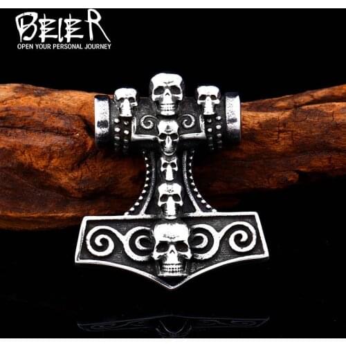 Beier new store 316L Stainless Steel Nordic Viking Amulet Hammer Necklace Pendant Punk Skull Pendant LLBP8-390P