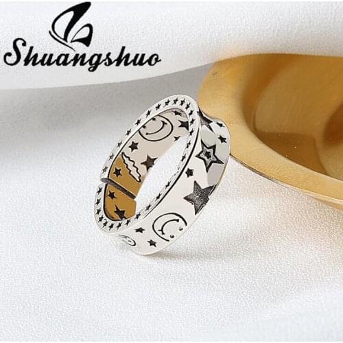 Shuangshuo Unique Happy Smiling Face Finger Rings for Women Jewelry Girls Hip Hop Moon Star Pattern Ring Best Friend Gifts