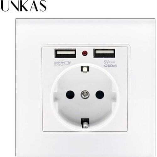 UNKAS EU Standard Socket With USB Charger Port for Mobile Dual 2100mA USB Socket Luxury Glass Panel Wall Power USB Socket