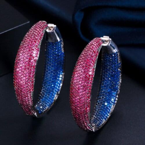 Zlxgirl jewelry Brand Blue with Red Cubic Zirconia Round Big Hoop Earrings womens wedding Bridal ears piercing Copper earing