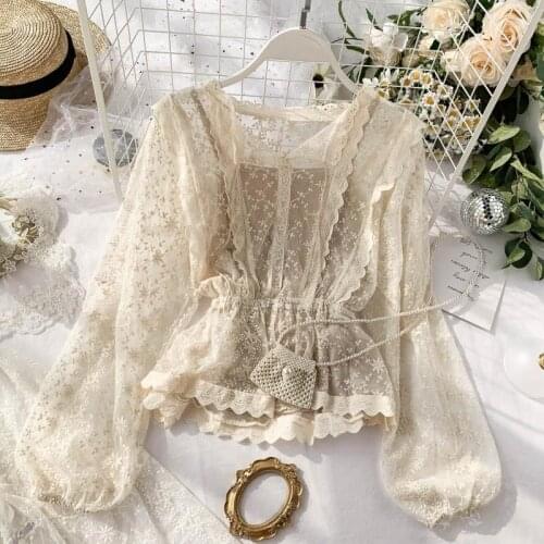 Two Pieces Shirt +Tank New Autumn Women Ruffles Mesh Blouse Casual Embroidery Lace Shirts Female Puff Sleeve Blouses Tops AB1944