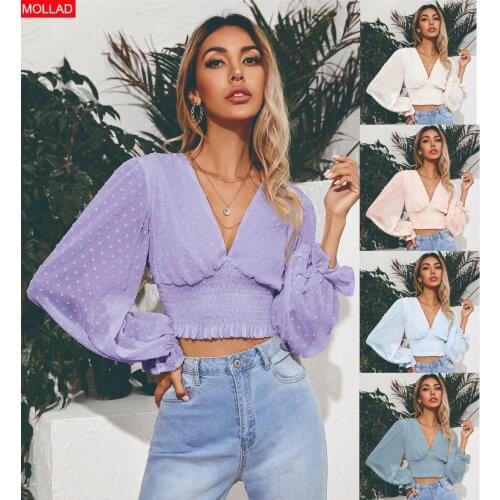 2021 Autumn Long Sleeve Sexy V-neck Small Dot Chiffon Elegant Womens Shirt Short Women Tops