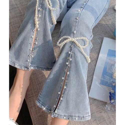 High Waist Split Denim Pants Women Elegant Chic Beading Bowknot Boot Cut Pants Girls Vintage Fairy Jeans Sweet Trousers