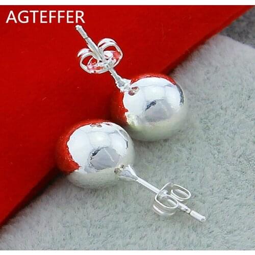 AGTEFFER 925 Sterling Silver 8mm/10mm Round Circle Solid Ball Bead Stud Earring Woman Fashion Wedding Engagement Jewelry