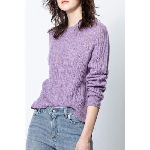 Women Purple Sweater Cashmere Lady O-Neck Hollow Out Knitted Long Sleeve Knitwear Female Pullover Top 2021 New