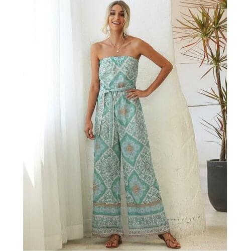 QRWR 2020 Summer Elegant Floral Printing Jumpsuit Women Casual With Sashes Full Length Jumpsuit Sexy Strapless Women Jumpsuit